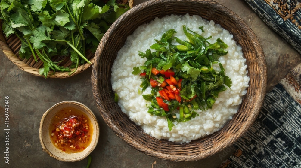 Fresh Herbs and Spicy Sauce over Rice Porridge in Rustic Setting Fresh Herbs and Spicy Sauce over Rice Porridge in Rustic Setting