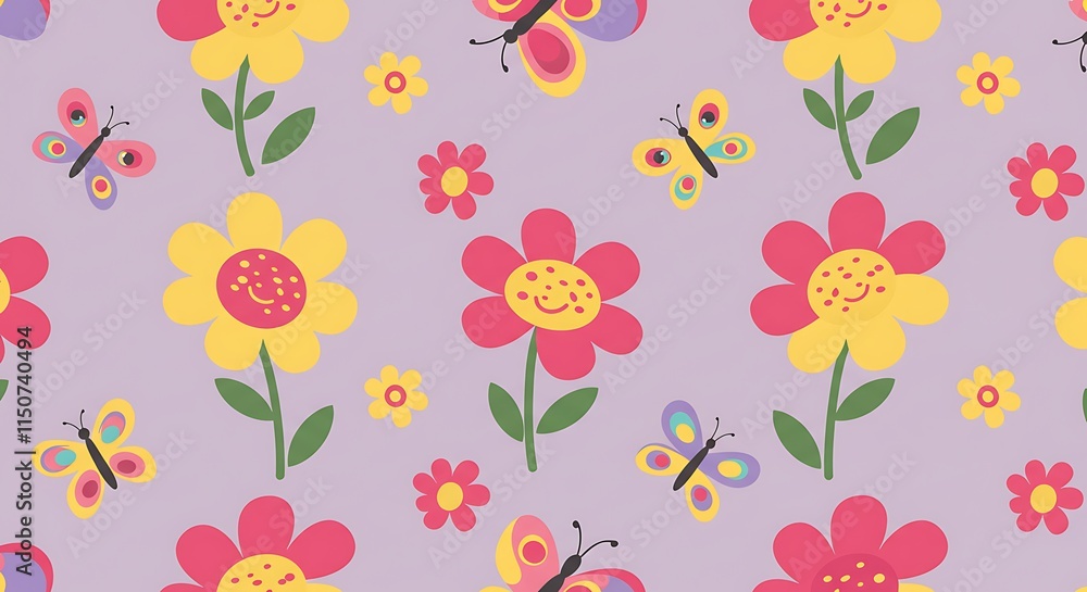 Fototapeta premium Vibrant whimsical floral pattern with colorful flowers and butterflies, concept for textile design, wallpaper and children's party decoration