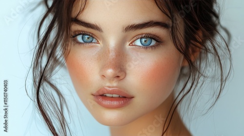 Close-up of a young woman with striking blue eyes and natural makeup under so...