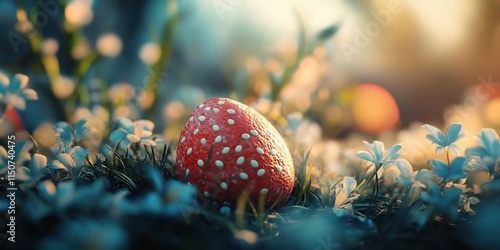 A vibrant strawberry lies nestled in a field of tiny white flowers with soft sunlight illuminating the scene, creating an enchanting atmosphere. Generative AI