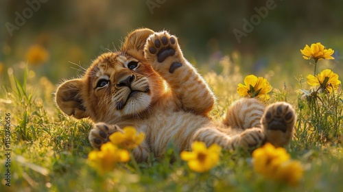 Lion cub sleeping peacefully in the grass at a wildlife reserve during the af...