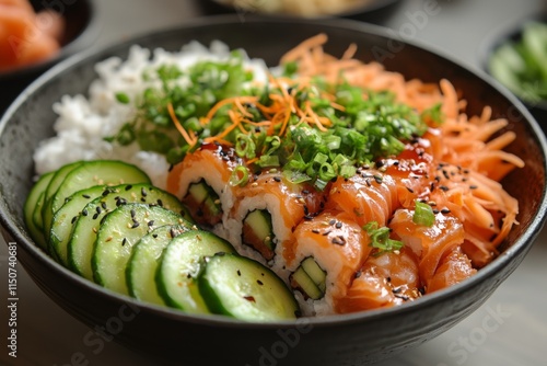 Grilled shrimp bowl with rice and fresh cucumber on a dark background