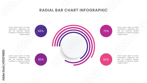 Radial bar chart diagram infographic with 4 segments or rings.