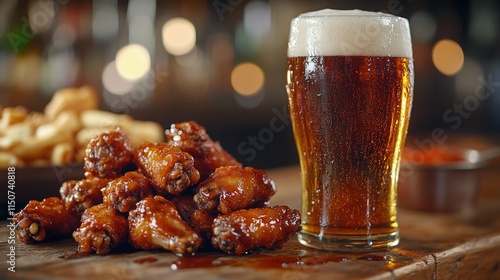 Enjoying craft beer with delicious chicken wings at a cozy pub in the evening