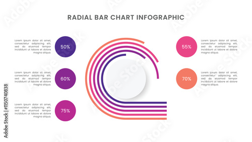 Radial bar chart diagram infographic with 5 segments or rings.