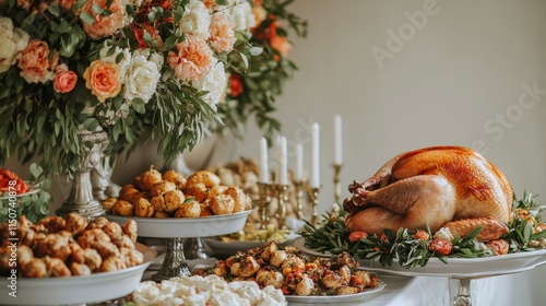 Thanksgiving feast with a bountiful table display of food and flowers in a co...