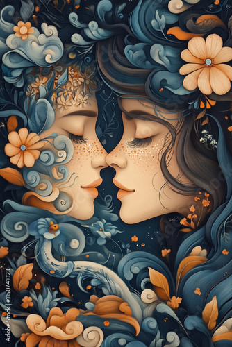 Illustration of two faces surrounded by swirling patterns of blue and orange leaves and flowers, creating an ethereal atmosphere.