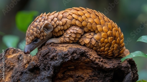 Pangolin curled up on a wooden surface in a lush green environment during day...