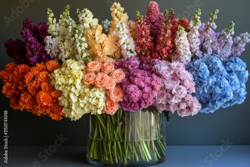 Bright floral arrangement with colorful roses and hydrangeas indoors in a gla...
