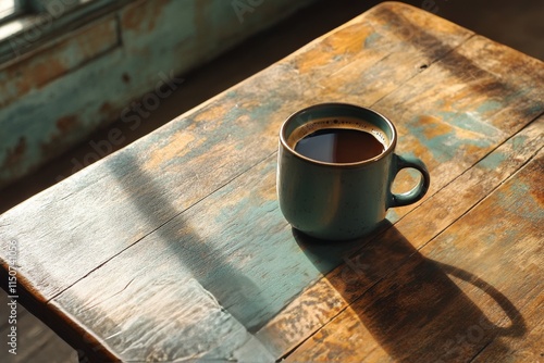 Warm cup of coffee on rustic wooden table in cozy indoor setting