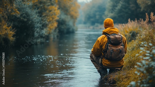 Fishing in a serene forest river surrounded by autumn colors
