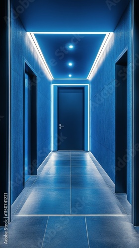 Modern corridor illuminated with blue neon lights at a contemporary building
