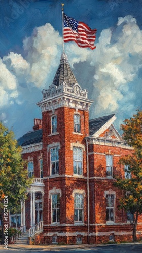 Historic brick building with clock tower and American flag under a cloudy sky