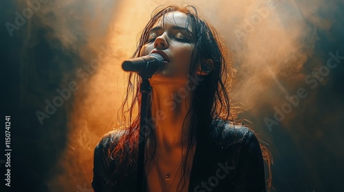 Young woman in vibrant lighting with soft hair during a nighttime studio shoot