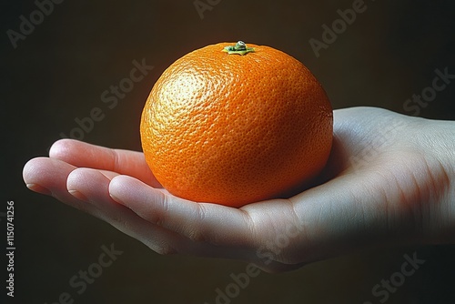 Holding a vibrant orange in a hand against a dark backdrop
