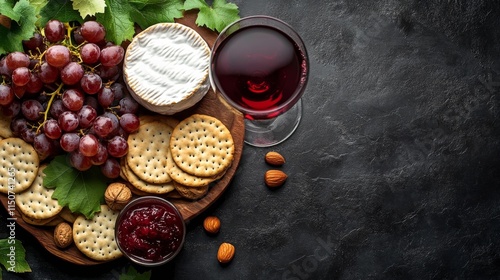 Cheeseboard featuring a variety of crackers, nuts, and grapes arranged beauti...