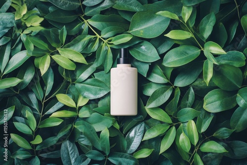 Clear liquid bottle resting on lush green leaves in a natural setting