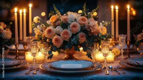 Elegant dinner setup with floral centerpiece and candlelight at a cozy restau...