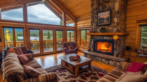 Inside a rustic cabin, the fireplace casts a warm glow, while large windows reveal beautiful lake scenery and verdant forests beyond photo