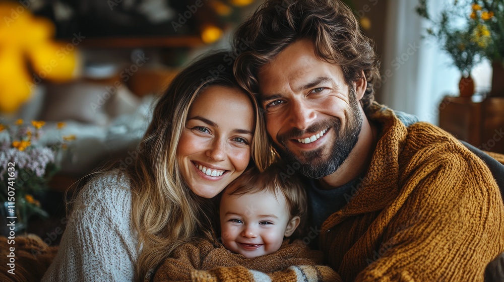 Loving family bonding together in cozy sweaters during joyful indoor moment Loving family bonding together in cozy sweaters during joyful indoor moment