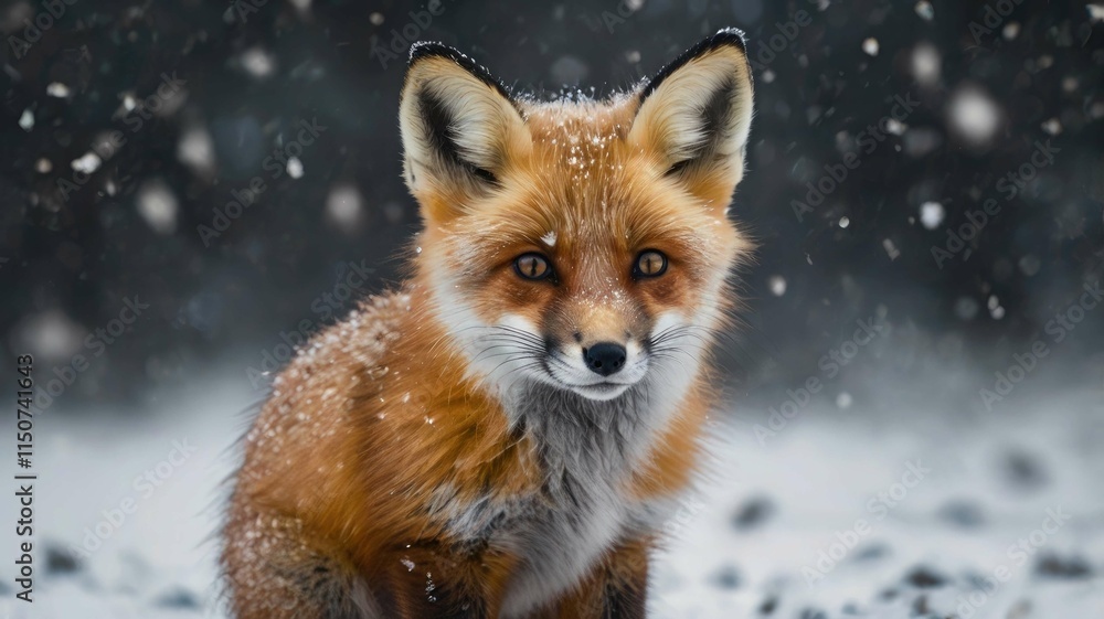 Fototapeta premium Cute adorable fox in a winter landscape: a fluffy little one sits on the snow, surrounded by snowflakes, creating an atmosphere of coziness and tranquility.