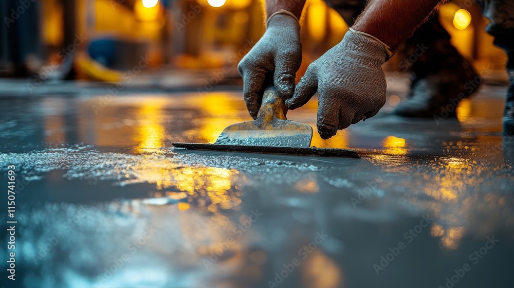 Worker applying finishing touches to a smooth concrete surface during evening construction hours Worker applying finishing touches to a smooth concrete surface during evening construction hours