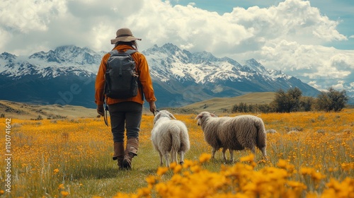 Walking with sheep in a scenic meadow with mountains under a cloudy sky
