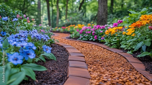 Colorful flowers line a winding path in a tranquil garden during sunny weather