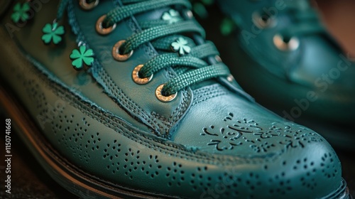 Green footwear with shamrock decorations for festive celebration in a close-u...