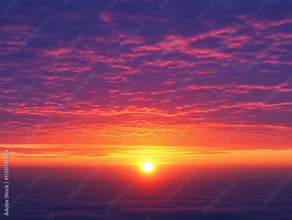 Vibrant sunrise over a sea of clouds, showcasing intense orange, purple, and red hues in the sky. Vibrant sunrise over a sea of clouds, showcasing intense orange, purple, and red hues in the sky.
