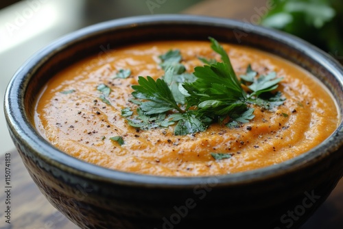 Freshly made creamy vegetable soup garnished with herbs in a rustic bowl on a...