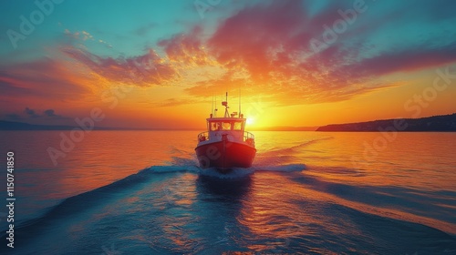 Sunset over calm waters with fishing boat cruising along the shore