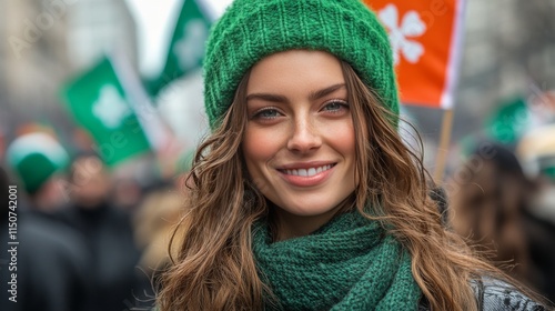 Smiling woman wearing green clothing at festive parade celebrating local culture