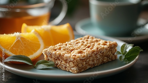 Healthy snack with oat bar, orange slices, and herbal tea on a rustic table