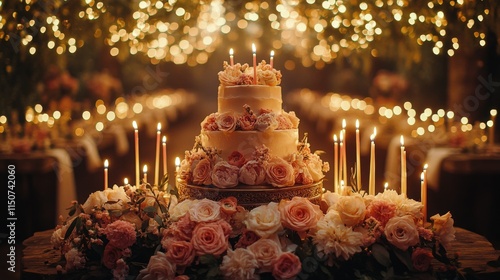 Elegant wedding cake adorned with roses and candles in a romantic setting