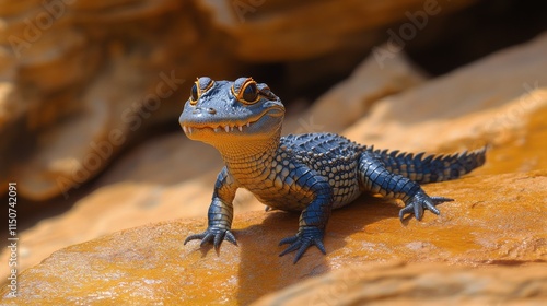Colorful lizard emerging from water surrounded by autumn leaves during a warm...