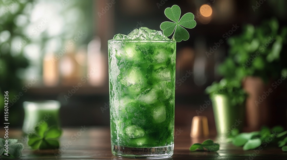 Refreshing green drink with ice and clovers garnishing during a festive celebration Refreshing green drink with ice and clovers garnishing during a festive celebration