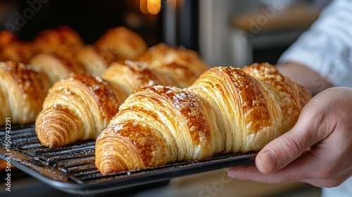 Freshly baked croissants being taken out of the oven in a cozy bakery