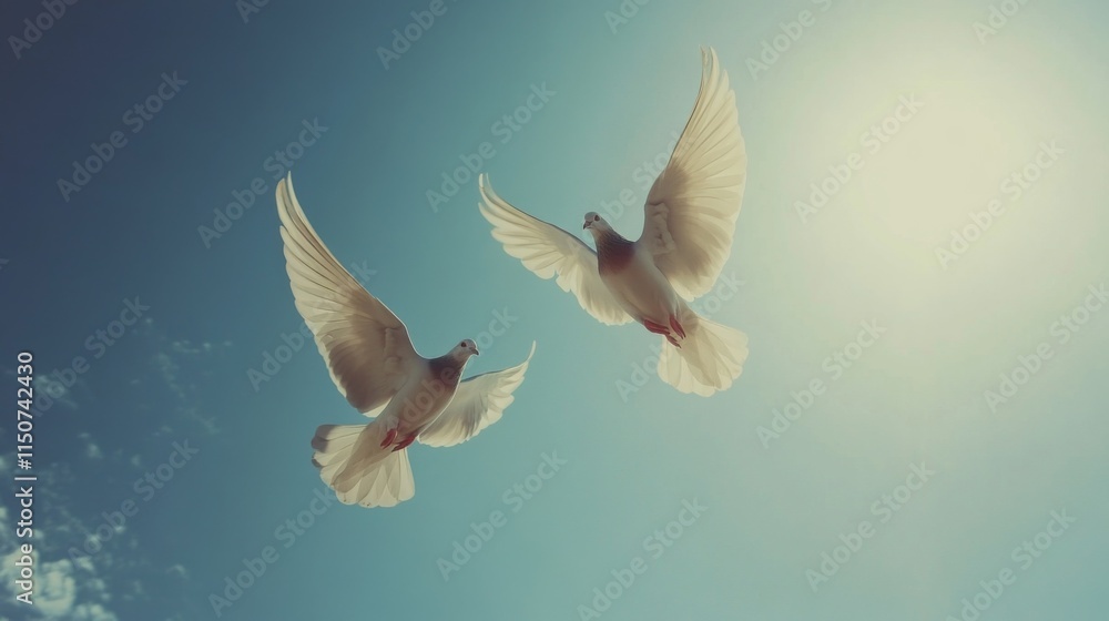 Obraz premium Two White Doves Flying Against a Bright Sky and Sunlight