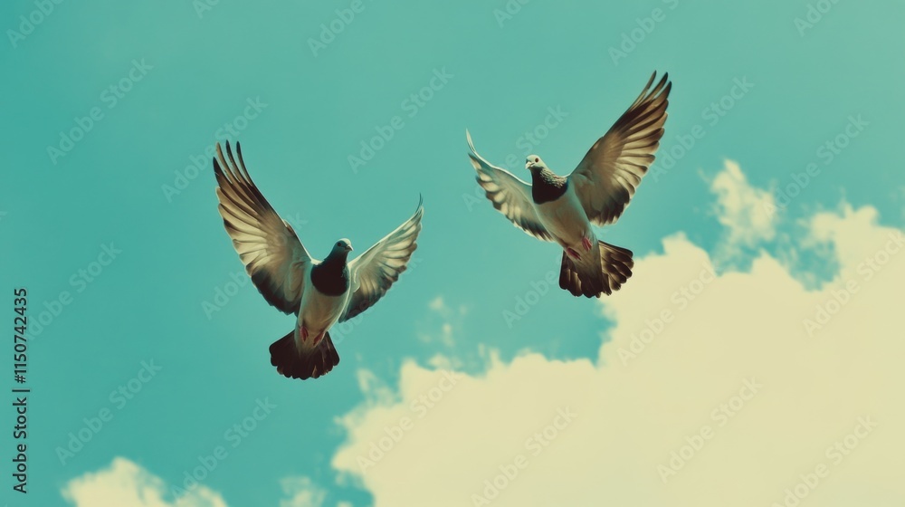 Obraz premium Two Birds Flying Against Bright Blue Sky with Fluffy Clouds