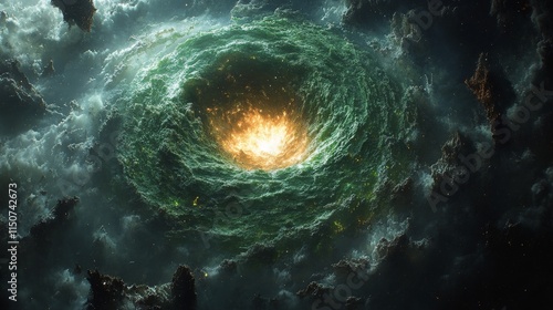 Majestic swirling energy vortex in deep space shows swirling clouds and vibra...