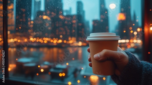 Enjoying warm coffee while gazing at a vibrant city skyline during twilight