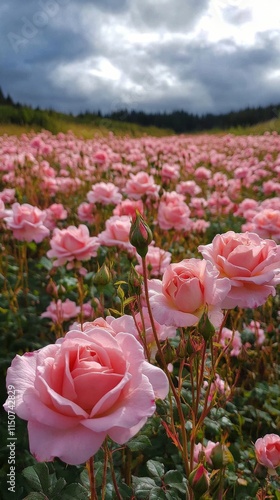 Stunning field of pink roses under a dramatic sky in a rural landscape