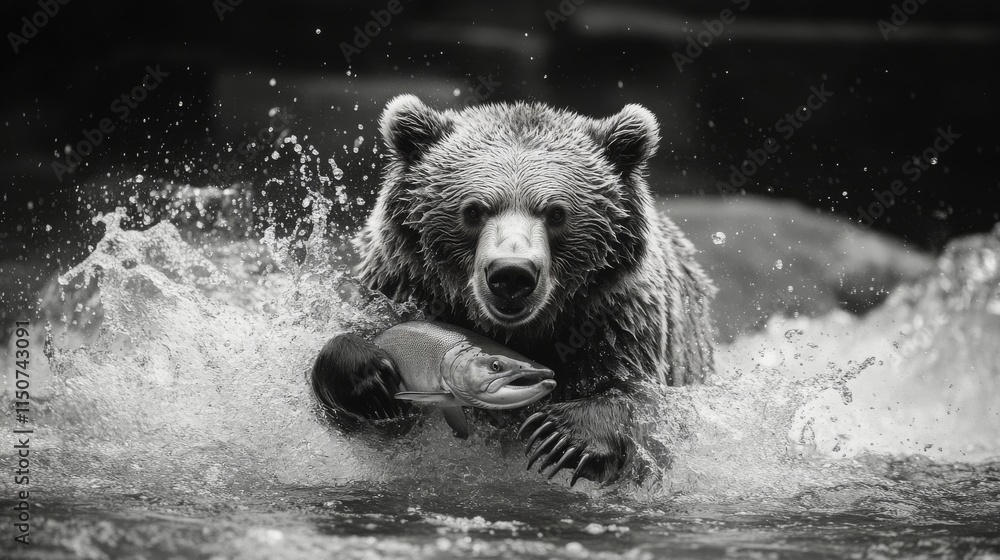 Bear catching fish in river during daytime in natural habitat near forest Bear catching fish in river during daytime in natural habitat near forest
