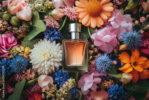 Floral arrangement featuring a perfume bottle surrounded by vibrant flowers i...