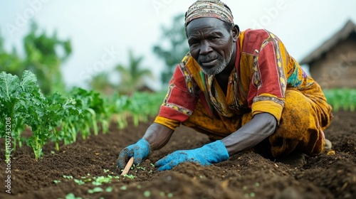 Man planting seeds in a field surrounded by golden crops during a cloudy day