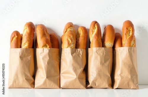 French baguettes in brown paper bags on white background. Bread on white background. Bakery. Fresh pastries on white background. photo