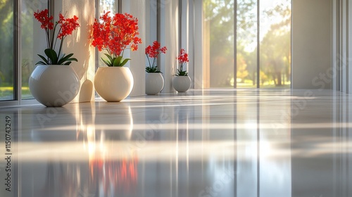 Sunlight streaming into a hallway with plants and wooden flooring in a bright...