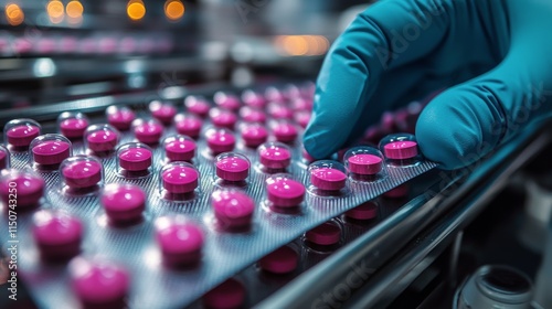 Production of purple pills in a pharmaceutical factory during a busy workday