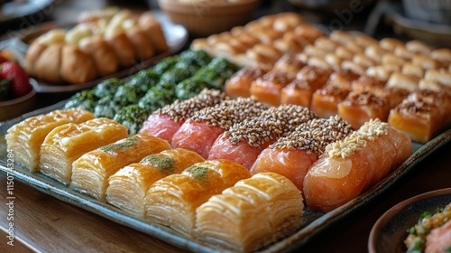 Colorful assortment of traditional desserts displayed on a ceramic tray